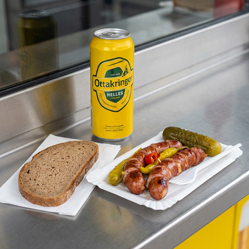 Eine Eitrige mit Dosenbier und Brot am Würstlstand